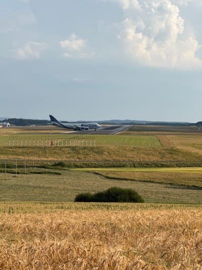 In Hahn, Germany, an airplane with "NATIONAL" written on its side is taxiing on a runway. The airplane is white with blue accents on its tail. The runway is surrounded by fields of dry, golden grass and green patches. A line of red and white markers runs along the side of the runway. In the foreground, a field of wheat is in bloom. The sky is partly cloudy with a light blue hue. The overall scene is a rural airport on a bright, clear day.