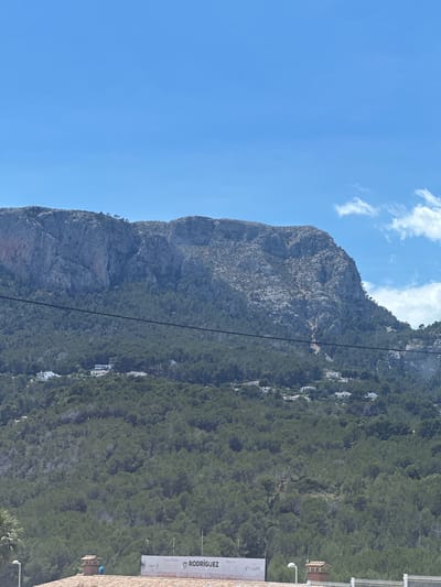 The image depicts a mountain landscape in Benissa, Spain. The mountain occupies the majority of the scene, with a rugged, rocky face. A dense forest covers the lower slopes of the mountain and extends toward the right side of the image. Some houses are visible scattered amongst the trees. The sky is a clear blue with a few clouds in the upper left corner. A black cable or wire runs vertically down the center of the image. In the lower right corner, a sign partially obstructs the view, with the word "RODRÍGUEZ" visible.