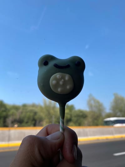 A hand holds a frog-shaped lollipop in front of a window. The lollipop is green with a white belly and has a smiling face. Outside the window, there is a blue sky and trees. A road with a yellow stripe can be seen on the right edge of the image. The location appears to be Santa Ana Xalmimilulco, Mexico.