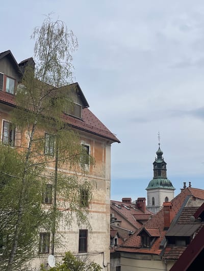 The image shows a view of buildings and a church tower in Skofja Loka, Slovenia. The focus is on an old building with a red tile roof and a worn, yellowish-white facade. A tree with sparse green leaves stands in front of it. Beyond this building, a church tower with a green spire and a white base is visible. Other buildings with red tile roofs are also in the background. The sky is overcast.