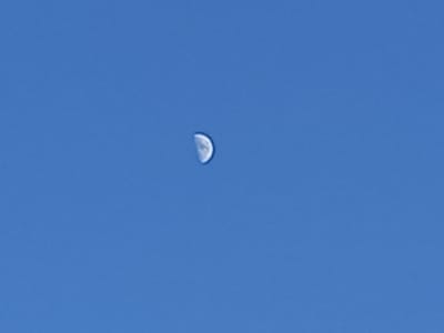 The image shows a half-moon in a clear blue sky. The moon is in the upper left quadrant of the image, appearing as a bright white crescent against the solid blue background. The sky is uniformly blue, suggesting it is daytime, likely mid-morning or afternoon given the clarity and brightness. There are no clouds visible, indicating fair weather. The scene is minimalist, focusing solely on the celestial body and the vast expanse of the sky. The image appears to be a photograph taken from the ground, looking upwards. There are no people, structures, or other objects visible that would provide further context about the specific location or activity. The overall impression is one of serene observation of the natural world. The location context of Keles, Uzbekistan, implies a terrestrial viewpoint within that geographical region. No text is visible in the image.