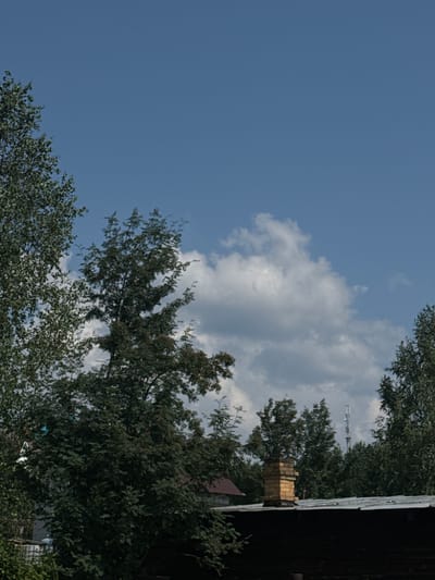 The image shows a view of a suburban or rural area, likely in Chernoistochinsk, Russia, on a clear day. In the foreground, the dark, weathered wooden roof of a building is visible, topped by a yellow brick chimney. Behind the roof, various trees with dense green foliage dominate the middle ground. In the background, a tall, slender telecommunications tower is visible in the distance, standing above the treeline. The sky is a vibrant blue with scattered white clouds. The scene is static and appears to be a candid shot, capturing the natural elements and man-made structures of the environment. There are no people or animals present in the frame, and no discernible actions or interactions are taking place.