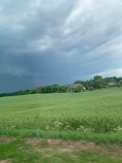This media file depicts a rural landscape in Belarus, specifically near Слабада-Кучынскі сельскі Савет. The scene is divided diagonally, with a dramatic, dark, and cloudy sky dominating the left side, suggesting impending rain or a storm. The right side of the image features a vibrant green field, likely agricultural, with a dirt path running alongside it. Scattered white flowers are visible in the field.
Along the treeline bordering the field, several houses with grey roofs are nestled amongst lush green trees. These houses appear to be simple, rural dwellings. The time of day is difficult to ascertain precisely due to the overcast conditions, but the diffused light suggests it could be late afternoon or early evening.
The overall mood of the image is one of nature's power and tranquility, with the stark contrast between the stormy sky and the peaceful, green countryside. There is no visible text in the image. The perspective suggests the photo was taken from a moving vehicle, possibly a car, due to the slight motion blur in the foreground and the angle of the scene.
