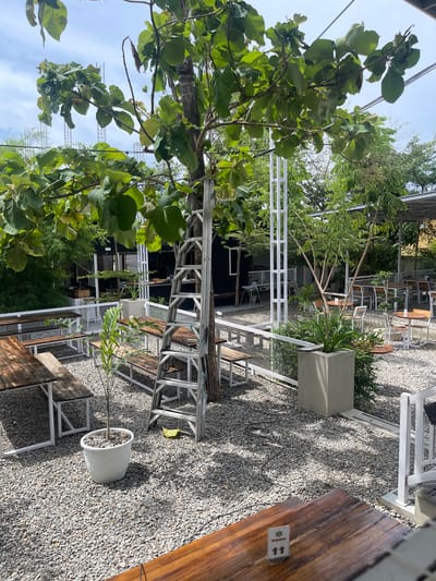 This image depicts an outdoor seating area of a cafe, possibly located in Pulokiton, Indonesia. The ground is covered with gravel. In the foreground, there is a wooden table with a table number "11" displayed on it. To the left and center, there are several picnic-style tables with wooden tops and white metal frames. A potted plant sits to the left of the tables. A tall, silver ladder leans against a tree in the middle ground. Further back, there are more tables and chairs, some with white metal frames and wooden tops. A covered area with a white metal structure is visible in the background, along with foliage and trees. The overall impression is of a casual outdoor dining or gathering space.