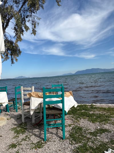 The image shows a view from a beachside restaurant in Vasiliki, Greece, located at the coordinates 38.905 latitude and 22.599 longitude. The scene features a partially covered table with a white tablecloth and four chairs - two white and two turquoise - positioned on a small patch of beach gravel, covered with a light layer of green foliage. The table is set with paper napkins and the remnants of a meal. The chairs are facing the turquoise water of the sea and the background, filled with white clouds, features a mountainous coastline in the distance. The blue sky and calm water create a picturesque scene, with the foreground focusing on the restaurant seating. The photograph was taken during the day in clear weather.
