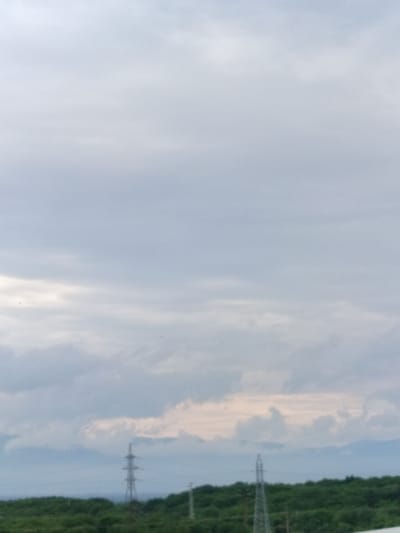 The image captures a landscape scene under an overcast sky, likely in the vicinity of Gorno Sahrane, Bulgaria. In the foreground, a dense green forest stretches across the lower portion of the frame. Rising from the treeline are two tall electricity pylons. The pylon on the left is more prominent and centrally located, displaying a lattice metal structure. To the right, another, fainter pylon is visible, partially obscured by the trees. In the background, a range of mountains is discernible, shrouded in mist or low-lying clouds, creating a hazy effect. The sky is filled with a uniform layer of pale, diffused clouds, with some hints of lighter areas suggesting the presence of the sun behind the overcast. The overall impression is one of a natural landscape punctuated by industrial infrastructure.