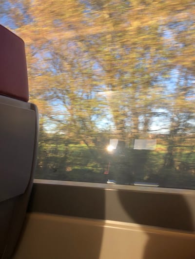 The image presents a view from inside a moving train, located in or passing through the city of Dettwiller, France. The exterior scene, visible through the window, is characterized by significant horizontal motion blur. This blur reveals a landscape dominated by trees with yellowish-green foliage against a light blue sky, suggesting either early spring or late autumn. Below the trees, green ground cover is visible, also blurred. A strong, bright sun glare reflects on the lower right portion of the windowpane, appearing as an intense white-orange light source. Faint, reddish-orange vertical streaks are discernible near this glare, possibly reflections from internal or external elements. Inside the train, a portion of a passenger seat is visible on the left, featuring a reddish-brown upholstered headrest and a light beige or gray plastic seatback. The window frame and the interior paneling directly beneath the window are a consistent light beige or cream color. No individuals are present in the frame, and no specific actions or interactions are depicted beyond the implied movement of the train.