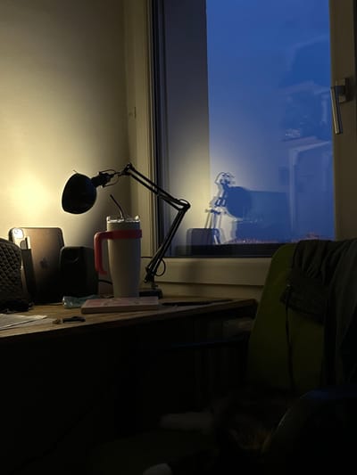 This image depicts an indoor scene at night or twilight in Maisons-Alfort, France, focused on a desk positioned against a window. A black articulated desk lamp with its light on illuminates a portion of a wooden desk. On the desk, a beige tumbler with a red handle and a straw is centrally located. To its left, an electronic tablet displaying an Apple logo stands upright next to a black speaker and a dark, quilted bag. Miscellaneous small items are scattered on the desk surface. The window shows a deep blue exterior, indicative of nighttime or dawn/dusk, and a clear reflection of the desk lamp and indistinct exterior forms. A green office chair, partially draped with a gray garment, is situated to the right of the desk. A portion of a resting animal, appearing to be a cat or small dog with white and brown fur, is visible in shadow on or near the chair in the lower right quadrant. No human presence is observed.