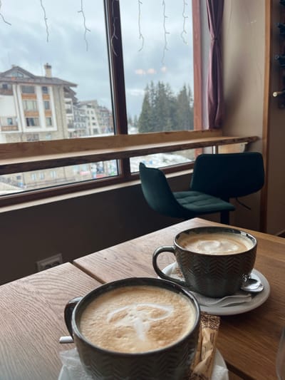 This image depicts an indoor scene with an outdoor view, likely a cafe or lounge in Stoikite, Bulgaria, on an overcast day. In the foreground, two ceramic mugs containing coffee with foamed milk are placed on a light-colored wooden table. The mug on the left features distinct latte art, possibly an abstract shape, while the mug on the right shows a less defined foam pattern. Both mugs rest on white saucers; the rightmost saucer includes a small silver spoon. A brown packet, likely containing sugar or a stirrer, is visible between the two mugs.

The mid-ground is dominated by a large window overlooking a snowy landscape. A natural wood, live-edge counter or windowsill spans the lower portion of the window frame. A dark teal, upholstered chair with black legs is positioned at this counter, facing the exterior. Delicate string lights with small bulbs are strung horizontally across the top section of the window. A purple curtain is tied back on the right side of the window frame. The interior wall on the right is a light brown, and a wine rack with visible bottles is partially visible in the upper right corner.

Through the window, the background reveals a snow-covered mountainous terrain. Several multi-story buildings, consistent with resort or residential architecture, feature pitched roofs, balconies, and varied facades of light stone, wood, and stucco. Dense clusters of coniferous trees, indicative of a forest, are visible on the snowy slopes between and beyond the buildings. The sky above is uniformly gray, suggesting an overcast or cloudy condition.