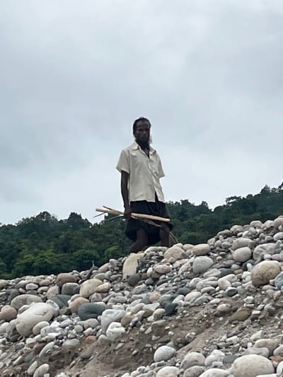 A solitary man stands on a rocky riverbank, looking towards the camera. He is wearing a light-colored short-sleeved shirt and dark shorts. In his right arm, he holds a bundle of sticks or branches. The riverbank is covered in a variety of smooth, rounded stones of different sizes and colors, ranging from white and grey to brown and green. Behind the riverbank, lush green trees form a dense forest, with a cloudy sky overhead. The scene suggests a natural, possibly remote, environment. Given the description, this location is consistent with the natural landscape of Jaflong, Bangladesh, known for its riverbeds and stone quarries.