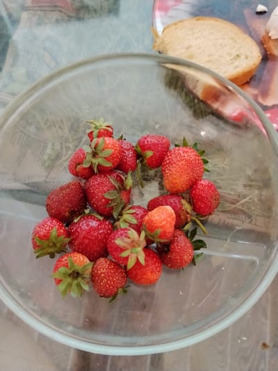 A clear glass bowl filled with fresh strawberries sits on a table. The strawberries are a vibrant red, with some appearing brighter orange-red due to ripeness. They are clustered together, some showing their green leafy tops. The bowl is transparent, allowing the background to be visible, which consists of a textured, possibly woven surface, and a blurry hint of a plate with a slice of bread and what appears to be a pastry or a piece of cake. The setting suggests an outdoor or casual indoor environment, possibly a meal or snack being prepared or consumed. The lighting indicates it is daytime, with natural light illuminating the scene. There is no visible text in the image. The overall impression is one of freshness and a simple, healthy food presentation. The location context of Mikhailovka, Russia, places this scene in a specific geographical setting, though no overt visual cues within the image itself pinpoint this exact location.