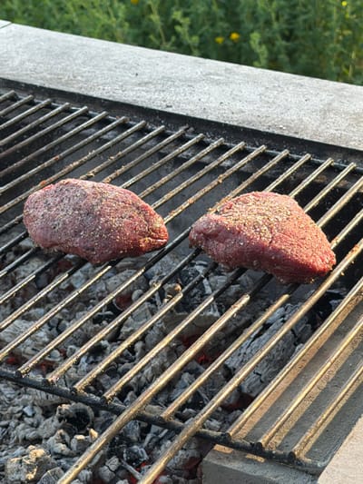 The image shows two pieces of raw steak seasoned with salt and pepper, placed on a metal grill over glowing hot coals. The grill is part of a concrete barbecue. In the background, blurred greenery and a hint of yellow flowers suggest an outdoor setting, possibly a garden or park. The lighting indicates it is daytime, with sunlight casting shadows on the grill. The scene captures the preparation of food for grilling. No people are visible, and there is no visible text. The overall impression is one of outdoor cooking and a relaxed atmosphere. The location context of La Roche-en-Ardenne, Belgium, places the scene in a region known for its natural beauty and historic sites.