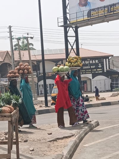 An urban street scene in Hotoro, Nigeria, is depicted under clear daylight conditions. Four women are positioned in the foreground, walking generally from left to right on a dirt patch adjacent to a concrete curb and asphalt road. Each woman carries a tray of produce balanced on her head.
From left to right:
1. A woman in dark green attire carries a large, flat basket containing numerous brown tubers and a smaller tray of pineapples.
2. A woman wearing a teal head covering and matching top with a floral skirt carries a large, flat basket of pineapples.
3. A woman in a bright red top and brown trousers carries a large, flat tray with multiple green melons or watermelons.
4. A woman in a teal head covering and matching top with a floral skirt carries a large, flat tray piled with bananas.
In the far left foreground, a wooden market stand displays several large pineapples. Overhead power lines crisscross the frame, supported by utility poles. In the mid-ground, a yellow motorized tricycle is parked on the street. Behind the women, commercial buildings with corrugated metal roofs, some featuring solar panels, line the street. Building signs are partially visible, including "Zuhura Naif," "Maximus Atelier," and "Zawhar." A large billboard advertising "Bola Ahmed Tin Jbu President Federal Republic of Nigeria" is mounted high above on the right. In the distant background, a lone individual walks to the right on a dirt path, and another person sits near the parked tricycle. The ground is primarily dry soil and cracked concrete.