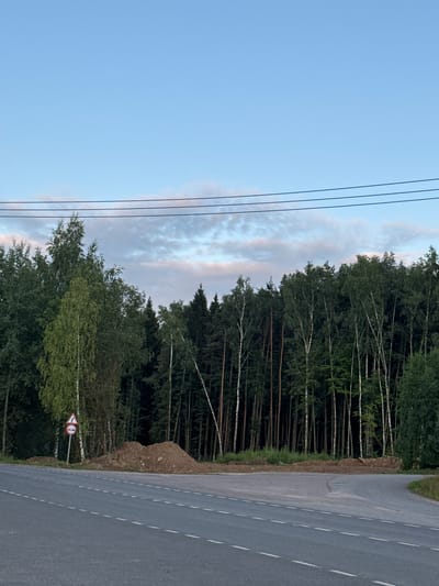 The image shows a paved road with white dashed lane markings leading into a forest. On the left side of the road, there is a circular traffic sign with a white background and red border, depicting two arrows indicating a left turn followed by a right turn. A pile of dirt is located in front of the forest. The sky above is a light blue with some wispy clouds. Three parallel power lines stretch across the upper part of the image. The forest consists of a dense mix of tall trees, including birches with white trunks and dark green conifers. The scene appears to be located near Аква Вилла Кп, Russia, based on the provided context. There are no people or animals visible in the image.
