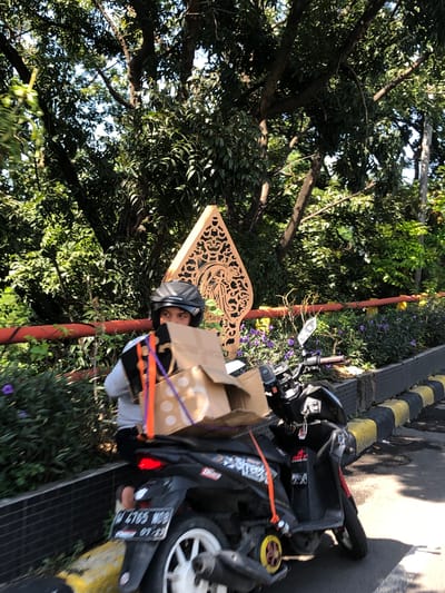 A person wearing a dark helmet and a light-colored shirt is seen slumped over a motorcycle that has fallen on its side. The motorcycle is black and appears to be in a road setting, with a black and yellow striped curb visible. The person's head is turned towards the viewer, and their eyes are visible. The motorcycle is loaded with boxes, one of which is open and shows some of its contents. A decorative wooden panel with intricate carvings is also propped up nearby. The scene is outdoors, with lush green trees and foliage surrounding the area. The time of day appears to be daytime, with sunlight filtering through the leaves, casting shadows on the ground. The overall impression is one of an accident or mishap involving the motorcycle and its rider. There is some visible text on the license plate of the motorcycle, which reads "W 4765 WGC 07-27". The location context provided is Buduran, Indonesia.