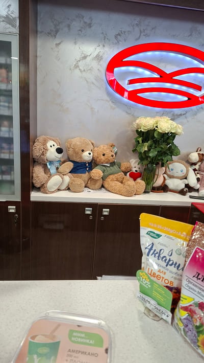 The image depicts an indoor scene, likely a retail environment in Nytva, Russia, given the context. In the foreground, a white countertop is visible, with various products displayed. To the right, a yellow bag with Russian text and graphics of flowers is prominent, possibly indicating a fertilizer or plant-related product. Next to it, a bag of what appears to be grain or seeds is partially visible. A clear plastic display with text in Russian, including "АМЕРИКАНО", suggests a beverage offering.

Further back, on a dark brown cabinet or shelf, a collection of stuffed animals is arranged. These include several teddy bears of varying sizes, a dog-like plush toy, and other assorted characters. Behind the stuffed animals, a vase filled with a bouquet of white roses is placed, with a distinctive red logo featuring a stylized letter 'R' illuminated with white LED lights mounted on a textured, light-colored wall. A glass-fronted cabinet is visible to the far left. The overall impression is of a well-lit retail space with a mix of plush toys, floral arrangements, and consumer goods.