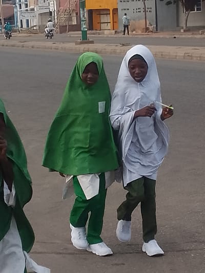 Two young girls, one wearing a green hijab and the other a white hijab, walk on a paved street in Pantami, Nigeria. The girl in green is on the left and wears a green garment over dark green trousers and white sneakers. The girl in white is on the right and wears a white garment over dark green trousers and white sneakers. The girl in white is holding a thin green object in her right hand. In the background, buildings and other people are visible. The overall scene depicts a street view in a Nigerian city.