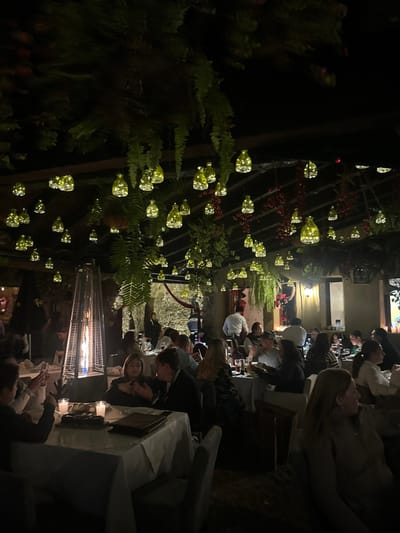 An outdoor patio at night features patrons seated at tables. A large patio heater provides warmth. Above, a lattice structure is adorned with foliage, string lights inside glass bottles, and red berries. The lighting creates a festive ambiance for the diners.