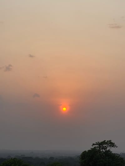 This image displays a sunset or sunrise over the city of Udi, Nigeria. The sky, occupying the upper three-quarters of the frame, presents a gradient from pale orange-peach at the top to a deeper reddish-orange around the sun. The sun is visible as a bright, distinct yellow-orange sphere, positioned centrally in the lower-middle portion of the sky. Several small, dark grey cumulus clouds are sparsely distributed, primarily in the upper and mid-left areas. The lower quarter of the image reveals a hazy, expansive landscape dominated by a dense canopy of trees, suggesting a forested or heavily vegetated terrain with indistinct structures in the distant background. A large tree with dark green foliage and a broad crown is prominent in the bottom right foreground. No individuals, animals, or specific actions are depicted.
