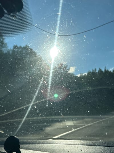 The image is a photograph taken from inside a vehicle, looking through a dirty windshield. The sun is shining brightly, creating lens flare and streaks of light across the glass. Outside, a treeline of dark green conifers is visible against a clear blue sky. The foreground of the image shows part of the car's dashboard and a black suction cup mount. The overall scene appears to be a sunlit daytime view of a road passing through a wooded area, possibly in or near the city of Kulmas, Russia. The windshield is covered in numerous specks of dirt, dust, and possibly water spots, obscuring the view to some extent and creating a diffused, hazy effect.