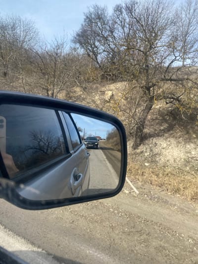 The scene depicts a rural road in Varvarovka, Russia, viewed from the driver's perspective of a silver-colored sedan looking into its passenger-side mirror. In the foreground, outside the car, there is a dirt road shoulder with dry grass and a white vertical marker post. A paved road stretches into the midground, bordered by a dirt embankment. This embankment is covered with numerous bare deciduous trees and sparse, dry vegetation. A light-colored concrete or stone structure is partially visible on the slope among the trees. The sky above is clear and blue.
The reflection within the side mirror shows a dark-colored sedan with illuminated headlights approaching head-on on the paved road. The reflection also captures the passenger side of the silver sedan, including its door and handle. A human hand, holding a smartphone with a visible camera lens, is partially reflected in the lower-left corner of the mirror, indicating the photographer's presence in the driver's seat. The environment, characterized by bare trees and dry foliage, suggests a late winter or early spring season.