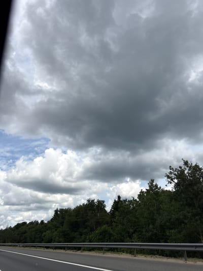 The image depicts a roadside scene with a dark, overcast sky. A grey metal guardrail runs along the edge of a grey asphalt road, bordered by a white line. Beyond the guardrail, a dense line of dark green trees stretches across the landscape, with the tops of some taller trees visible against the cloudy sky. The clouds are heavy and grey, with some lighter patches of blue sky visible in the upper left portion of the frame. The overall impression is of a slightly gloomy, perhaps humid, day. The location is specified as Nikol'skoe, Russia, implying this is a highway or road within or near that area. There are no people or animals visible in the image.