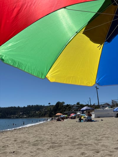 The scene depicts a busy beach in Tomé, Chile, under a clear blue sky. The upper portion of the frame is occupied by the underside of a multi-colored beach umbrella, displaying red, green, yellow, and blue fabric panels and structural ribs. The foreground consists of light-colored sand with visible footprints and ripples. To the left, a body of water, likely the ocean, extends into the distance, with several individuals visible wading or swimming near the shore. Along the sandy beach, numerous people are present, many gathered under an assortment of colorful beach umbrellas, including red, blue, and purple examples. Some individuals are seated on towels or chairs. In the background, a steep, tree-covered hillside rises, dotted with various residential structures. To the right, utility poles, a white concrete wall, and additional buildings are visible, marking the edge of the beach. The scene is brightly lit by direct sunlight.