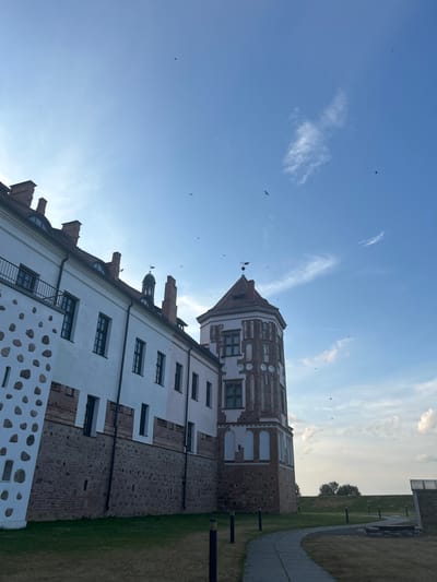 The image shows a view of Mir Castle Complex in the Zhukhavichy rural council, Belarus, under a bright blue sky with scattered clouds. The castle features a white facade with stone accents on its lower levels and a prominent red-brick tower with decorative architectural details. Several birds are visible flying in the sky. The foreground consists of a mown grassy area with a paved pathway winding through it, leading towards the castle. Lamp posts are strategically placed along the pathway. The overall scene depicts a historical landmark under pleasant weather conditions.