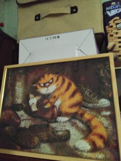 The image shows a diamond painting of a grumpy cat with orange and black stripes, sitting in a rough, dark environment. The cat appears to be holding something brown in its paws. The painting is framed in a light brown wooden frame and is placed in an indoor setting. In the background, there are stacked cardboard boxes, a white box with "CE FC®" visible, and a blue and white box that appears to be for a game, possibly Jenga. The lighting in the image is dim, and the overall impression is one of a cluttered indoor space. The location is specified as Lozova, Ukraine.