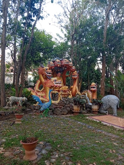 The image depicts a complex of sculptures in Phú An, Vietnam. Centered is a multi-headed dragon sculpture in shades of orange and gold, with a figure of Buddha seated within its coils. To the left, a white tiger sculpture stands, and to the right, a grey zebra sculpture kneels. In front of the dragon is a blue peacock sculpture. The sculptures are arranged on a raised stone platform among potted plants. The setting is a wooded area, with tall trees surrounding the display. The ground is paved with stone, with patches of grass and fallen leaves.