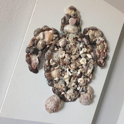 The image displays a piece of art crafted from various seashells, arranged to resemble a turtle. This artwork is mounted on a white background, which appears to be canvas or a similar material, and is leaning against a white wall. The wall has a textured surface with visible brushstrokes or linear patterns. The lighting suggests an indoor setting, casting subtle shadows that highlight the three-dimensional nature of the seashell composition. There is no indication of the city of Vyshgorodok, Russia, in the image itself.