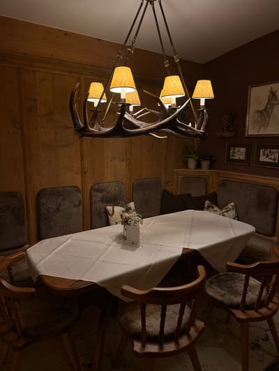 The image depicts a dimly lit dining area, possibly within a restaurant or private residence, in Mayrhofen, Austria. A large, oval wooden table is covered with a white tablecloth, set for dining. Surrounding the table are several chairs with wooden frames and upholstered seats, some with plush, dark brown cushions. The walls are paneled with light-colored wood, and a dark brown wall is visible on the right, adorned with framed artwork depicting animals and scenes.

A distinctive antler chandelier hangs from the ceiling, featuring multiple lamps with textured, yellowish lampshades, casting a warm glow on the scene. On the table, a small bouquet of flowers in a glass vase sits near a menu or information card. Built-in seating with upholstered cushions lines the wooden-paneled wall on the left and behind the table. Two potted plants are visible on a shelf in the corner. The overall ambiance suggests a rustic and cozy setting. There are no people visible in the image.