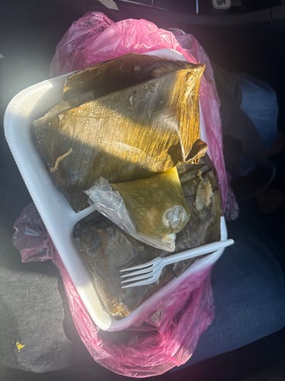 The image displays a takeout meal presented in a white Styrofoam tray, encased within a translucent pink plastic bag. The tray contains at least three distinct food items wrapped in broad, dark green leaves, resembling traditional tamales or similar culinary preparations. One leaf-wrapped item on the upper right is prominently illuminated, showing a glossy, moist surface with a rich olive-green and golden hue. A smaller, clear plastic pouch, containing a light green, viscous substance, possibly a sauce or condiment, is positioned on top of another leaf-wrapped item. A white plastic fork rests diagonally across the contents of the tray. The entire package is situated on a dark, textured fabric surface, indicative of a car seat or interior. Strong, direct sunlight from the upper left illuminates the scene, creating bright highlights and a prominent lens flare in that area. The scene is described as occurring in Puerto Marqués, Mexico.