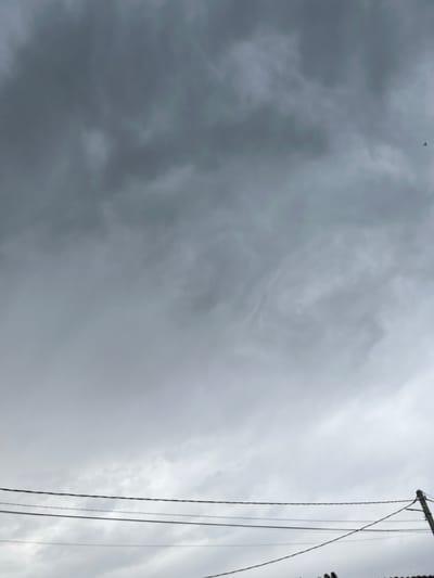 The image depicts a cloudy sky with a few power lines stretching across the lower portion. The clouds are dark and overcast, suggesting a potential for rain or a stormy day. In the far upper right corner, a small bird is visible in flight. The power lines are suspended between poles, some of which are visible on the right side of the frame. The overall scene is urban, indicated by the presence of the power lines and the implied infrastructure. The location of Romanovka, Kyrgyzstan, is not visually evident from the image itself, as there are no specific landmarks or identifying features to confirm this location.