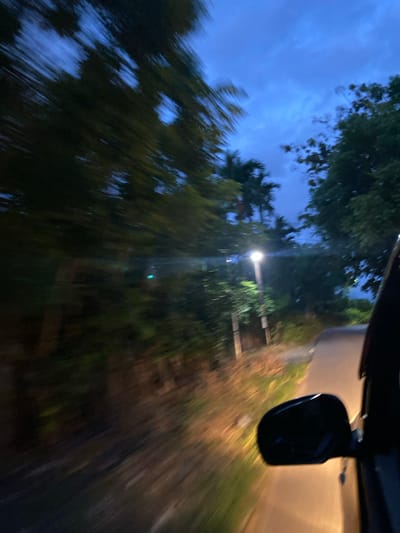 The image, likely taken from a moving vehicle in Meunasahteungkudigadong, Indonesia, shows a blurred view of the roadside at dusk or night. A side mirror of the vehicle is visible. Trees and a street light are seen through the windshield, blurred due to motion. The sky is visible above the trees, showing a dark blue color. The road and foliage beside it are blurred in a similar manner, indicating speed.