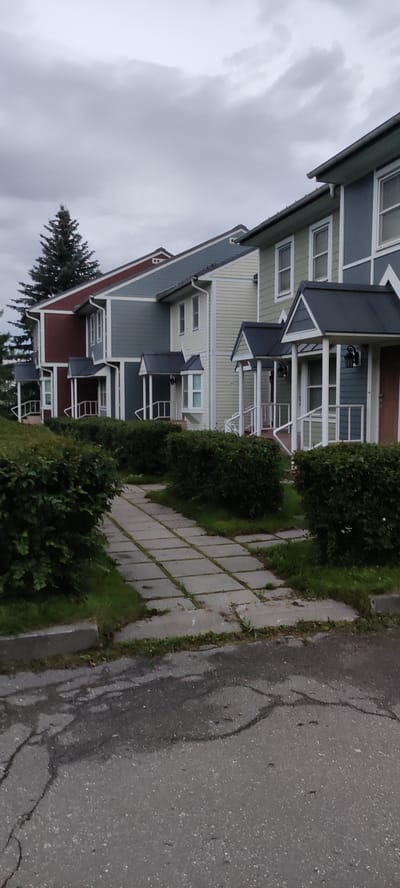 A row of multi-story, colorful townhouses with pitched roofs lines a paved walkway. The townhouses are constructed with a variety of siding colors, including burgundy, blue-gray, beige, and light green, with white trim around windows and doorways. Each unit features a covered porch with white railings and decorative outdoor lighting. A tall evergreen tree is visible to the left of the leftmost townhouse. The walkway is made of square concrete pavers and is bordered by manicured green hedges and grass. The ground in front of the walkway is asphalt with visible cracks and some wet patches. The sky is overcast with gray clouds. The image appears to be taken in Angelovo, Russia, given the architectural style and landscaping.