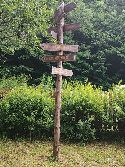 A wooden signpost stands in a grassy area surrounded by lush green foliage and trees. The signpost has multiple wooden signs pointing in various directions, indicating directions and distances. The signs are inscribed with text in Russian. The background consists of dense green trees and bushes, with a wooden fence visible behind the bushes. The overall environment appears to be a natural or park-like setting. The image is taken in the city of Никитская Слобода, Russia.