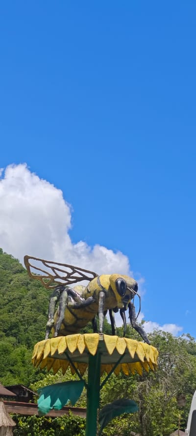 The image captures a vibrant, large-scale sculpture of a bee or wasp, prominently featured against a clear blue sky with fluffy white clouds. The bee statue is depicted with a segmented body in bright yellow and black stripes, large compound eyes, antennae, and distinct, detailed transparent wings. It appears to be perched on a yellow, petal-shaped platform, which is supported by a green pole, suggesting it is part of an outdoor attraction or monument.

In the background, lush, densely forested green hills or mountains rise, indicating a natural and possibly elevated setting. Below the hills and surrounding the base of the sculpture, additional green foliage and trees are visible. Towards the lower left, hints of rustic structures with thatched roofs and wooden railings can be seen, partially obscured by greenery, suggesting an integrated natural and developed area.

The scene is bathed in bright daylight, characteristic of a sunny day with good weather. There are no people visible, and no specific activity is taking place beyond the static display of the sculpture. The overall impression is one of an engaging outdoor recreational or tourist spot, possibly a park or garden, located in Bzypta, Abkhazia. No visible text is present in the image.
