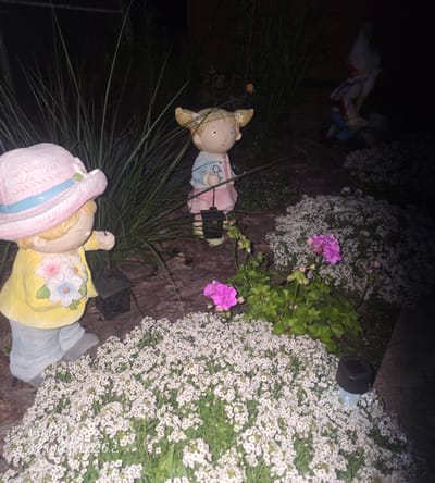 The image depicts a nighttime scene in a garden setting, possibly in the city of Šveicarai, Lithuania. In the foreground, a garden figurine of a girl wearing a pink straw hat and a yellow jacket with floral appliques is positioned next to a cluster of small white flowers. She is holding a dark lantern. Behind her, another garden figurine of a girl with pigtails and a blue and pink dress stands among tall grasses and foliage. Further in the background, partially obscured by darkness and foliage, is a gnome figurine. The ground is covered with mulch and various flowering plants, including the white flowers in the foreground and pink flowers visible in the mid-ground. A solar-powered garden light is also present among the flowers on the right side of the image. The overall impression is a dimly lit, decorative garden. A watermark at the bottom left reads "Viktor Z 31 июля, 2026 г."