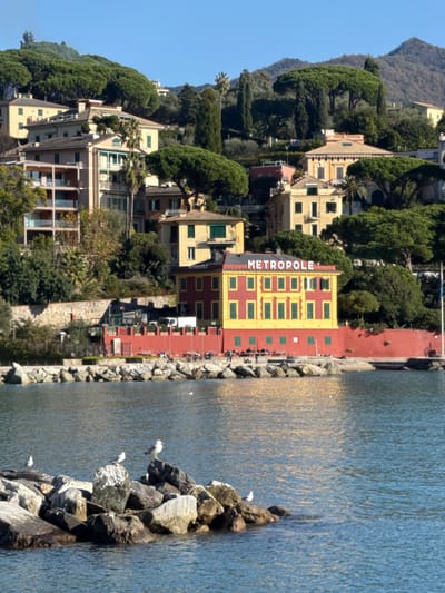 The image displays a daytime view of the coastal area in Santa Margherita Ligure, Italy, focused on the Hotel Metropole. In the foreground, calm blue-green water contains a small rock formation where approximately six seagulls are perched or floating. Adjacent to the water, a line of dark grey rocks separates the sea from a red-orange retaining wall and promenade. On this promenade, an estimated 15-20 individuals are present, some seated at outdoor tables under awnings, others standing or walking.
The central subject is the Hotel Metropole, a four-story building directly behind the promenade. It features a distinctive red lower section and a yellow upper section with numerous windows fitted with dark green shutters. The name "METROPOLE" is prominently displayed in white capital letters on its roofline. To the left of the Metropole, a darker building with a red roof is partially visible. The background rises steeply to a lush green hillside, densely covered with various trees, primarily umbrella pines and cypress trees. Numerous multi-story buildings, ranging in color from beige to light yellow and pink, are interspersed among the foliage on the hillside. The sky is clear and bright blue, indicating sunny conditions.