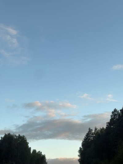 The image shows a sky with scattered clouds, ranging from light and wispy to darker, more substantial formations. Below the sky, a dense line of trees, primarily coniferous, forms a dark silhouette against the lighter background. The trees appear to be on a slope or hill, with the darker foliage on the right side of the image suggesting a more concentrated forest area. The overall scene depicts a natural landscape, likely in the outskirts of a populated area, with the sky suggesting either early morning or late evening light. There are no people or man-made structures clearly visible. The location is identified as Balakirevo, Russia.