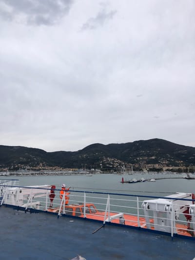 The image displays a maritime environment within the harbor of La Spezia, Italy, under an overcast sky. The perspective is from the blue-decked surface of a large vessel, likely a ferry or ship, looking towards the coastline.
In the immediate foreground, a single individual, identifiable as a person in a safety uniform, stands on the vessel's deck. This person is dressed in a full orange high-visibility suit, including pants and a jacket, and wears a white hard hat. They are positioned near a white metal railing and appear to be actively engaged with a horizontal cable or rope, grasping it with both hands. To the right of this individual, an orange, enclosed lifeboat or rescue capsule is mounted on white davits, secured above the vessel's railing. The deck surface below is blue and shows signs of wear, with a dark, thin object resembling a pole or hose lying near the railing.
The midground features the calm, light blue-grey waters of the harbor, containing numerous docked leisure boats, sailboats, and yachts. Several larger, grey vessels are visible further back within the port. A distinct red conical buoy or navigational marker floats in the water towards the right side of the frame. Beyond the immediate waterfront, buildings and port infrastructure are discernible.
The background is dominated by a series of dark green, forested hills and mountains that rise directly from the coastline. These slopes are extensively populated with residential buildings and urban structures, particularly dense along the lower and mid-sections of the hillsides, characteristic of a coastal city. The sky above is entirely covered by a uniform layer of light grey clouds.