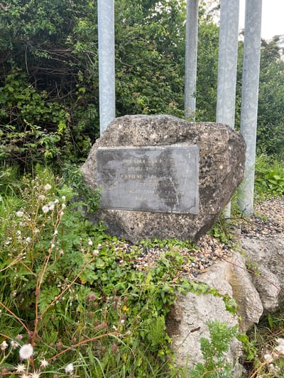The image shows a large, rough-hewn rock with a metal plaque attached to its face. The plaque contains engraved text and a crest. The rock is situated outdoors, with vegetation growing around its base, including grass, ivy, and some flowering plants. In the background, several tall, metallic poles are visible, set against a backdrop of dense green foliage. The overall setting appears to be a natural or semi-natural environment, possibly a roadside or park area. The plaque's inscription is partially obscured but appears to be a dedication or historical marker. The presence of the metal poles suggests infrastructure, possibly related to lighting or signage, common in urban or suburban areas. Without further context, pinpointing the exact location in Balbriggan, Ireland, is impossible, but the scene suggests an outdoor public space with a memorial or informational element.
