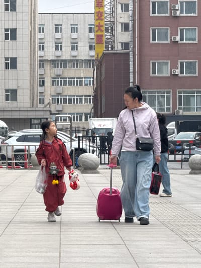 The image shows a street scene in Shenhe District, China. An adult woman in a light pink jacket and blue jeans pulls a pink suitcase along a paved sidewalk. To her left and closer to the viewer is a young girl wearing a red outfit and carrying a plastic bag and a stuffed animal. Behind the woman and girl are several buildings with multiple windows and air conditioning units. Cars are parked along the street, and street fixtures like bollards and metal railings are visible. The sky appears overcast.