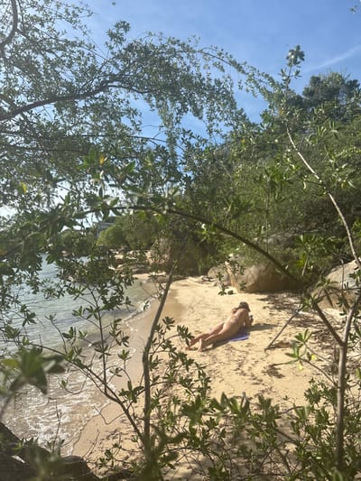 The image displays a sunlit beach scene located in Baan Nai Wok, Thailand, viewed through a foreground of dense, green foliage. The sky overhead is clear and blue. A light brown sandy beach, showing scattered organic debris, extends from left to right, meeting calm, light blue-green ocean water with gentle waves lapping the shore. Along the rear edge of the beach and partially within the water, several large, smooth, light-colored boulders are visible, interspersed with lush green vegetation.

In the mid-ground, a single individual, identified as a female, lies prone on a blue towel or mat positioned directly on the sand. She appears to be sunbathing, wearing a light-colored, minimal swimsuit. A small, dark object rests near her left hand on the towel. A faint, light-colored structure is partially visible through the trees on the far left side of the background.