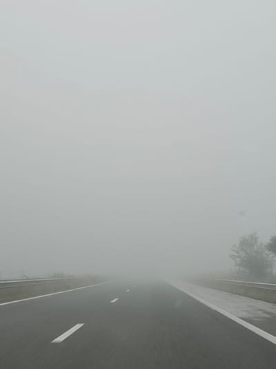The media file displays a scene dominated by dense fog. The image is oriented such that a dark asphalt road runs vertically along the right side of the frame. The road features a distinct solid white line marking its left edge and several white dashed lines further to the right, indicating traffic lanes. The road surface appears damp or wet, reflecting the muted light.
The majority of the left and central parts of the image are enveloped in a thick, uniform pale gray fog, which severely restricts visibility. Through the upper right edge of the fog, faint, indistinct shapes of dark green foliage or tree branches are barely visible, suggesting a wooded or vegetated area alongside the road.
There are no people or specific activities depicted. The scene conveys the experience of being on or near a road during extremely foggy weather conditions. The time of day is ambiguous due to the heavy fog, which diffuses all light, creating a subdued and monochromatic atmosphere. No visible text is present in the image.