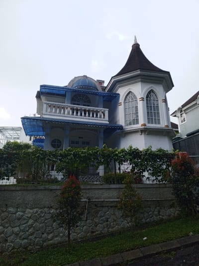 The image depicts a multi-story house, reportedly located in Weintiapa, Liberia, viewed from a street-level perspective under an overcast sky. The house features an eclectic architectural style, predominantly white with light blue trim and darker blue roof elements. On the right, an octagonal turret with a dark, conical roof, topped by a finial, presents two tall, arched windows framed in white with gold-colored accents. The central upper floor includes a balcony with white classical balustrades featuring gold-colored caps, situated beneath a blue dome structure and a semi-circular arched window. A light blue-framed awning extends over the balcony. The first floor, partially obscured by foliage, features a circular window and an entrance area, also covered by a matching light blue-framed awning. The property is elevated from the foreground by a grey stone retaining wall with a textured concrete band above it. A dark metal fence runs along the top of this wall, supporting a dense layer of green foliage, possibly a vine or hedge, which obscures the lower portion of the house. In front of the retaining wall, several small, narrow bushes with reddish-green leaves are visible. The immediate foreground shows a strip of green grass and the dark, paved edge of a road or sidewalk. A light-colored utility pipe is affixed to the retaining wall on the right. No individuals are present in the scene.