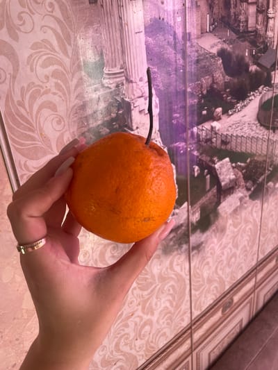 A person's hand, adorned with long, light pink acrylic nails and a gold ring with clear stones, is holding an orange. The orange has a rough, textured peel and a small twig protruding from its top. The hand is positioned in the lower right quadrant of the image, with the orange centrally located.
The background appears to be a tiled surface with an ornate, pale pink and beige pattern of swirling floral motifs. Behind the hand and orange, there is a reflective surface with an image of what looks like ancient ruins, possibly made of stone and brick, with some areas appearing purple and others in shades of gray and brown. The lighting is soft and diffused, suggesting an indoor setting or an overcast day. There are no visible text elements in the image. The overall mood is casual and simple, focusing on the texture and color of the fruit and the details of the hand.