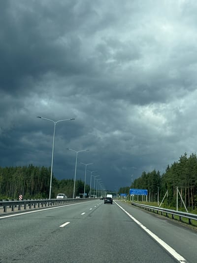 The image shows a view from a vehicle traveling on a highway in Brilliant, Russia. The highway is paved with asphalt and marked with white lines. A metal guardrail separates the road from the adjacent forest. Tall trees, characteristic of a coniferous forest, line the side of the road.
Several streetlights are visible along the highway. In the distance, other vehicles, including cars and a white van, are also traveling on the road. A blue sign with Russian text is mounted on a post. The sign reads "Впереди автоматический контроль габаритного контроля транспортных средств," which translates to "Ahead automatic control of vehicle dimensions."
The sky is filled with dark, heavy clouds, suggesting an overcast or stormy day. The lighting is dim, indicative of a late afternoon or early evening time, possibly before a storm. The overall mood conveyed by the image is one of a journey through a potentially dramatic weather scenario, with the vastness of the sky and the looming clouds creating a sense of anticipation. The scene is a typical highway landscape, with the natural elements of the forest and the man-made elements of the road and its infrastructure.