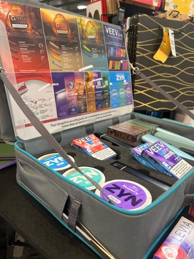 The image shows an open display case, filled with various tobacco products and nicotine pouches. These include brands like Terea, Veef, and Zyn, suggesting a product demonstration or sales setup. A sales display presents products to customers in a store. The text on the promotional materials is in Bulgarian. Given that the promotional materials are in Bulgarian, and contain text such as "Тези продукти не са без риск, при употребата им се доставя никотин, който води до пристрастяване", indicating that the location is Bulgaria. Given that the text also mentions "Само за пълнолетни", it could be that there is a warning related to sale to only adults. It's not possible to discern if the location is Parvomai, Bulgaria based on the image alone, without further contextual clues or signage.